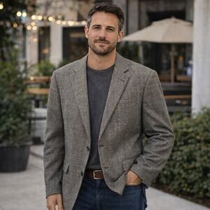 Jos A Bank Mens 42 L Blazer Jacket Wool Silk Tweed Brown Houndstooth Classic